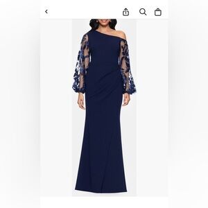Betsy & Adam Navy Long Sleeve Gown